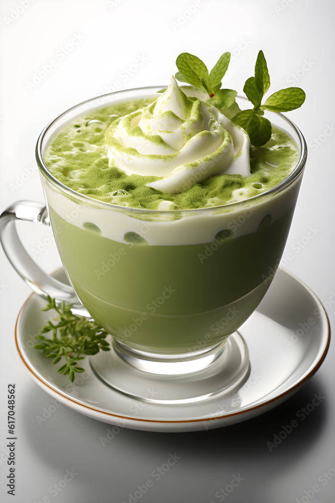 a close-up of a warm drink made of japanese green tea matcha powder and whipped cream milk - matcha latte, in a transparent glass. Generative AI technology a close-up of a warm drink made of japanese green tea matcha powder and whipped cream milk - matcha latte, in a transparent glass. Generative AI technology