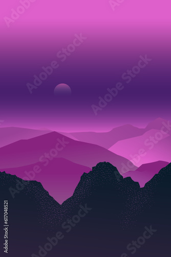 the landscape with violet mountains and purple sunset sky © Катя Фрегатова