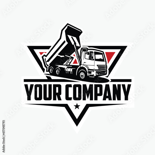 Premium Dump Truck Company Ready Made Badge Emblem Logo Vector Isolated. Tipper Truck Logo Design