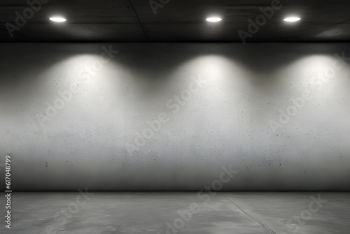 Empty concrete room with spotlights on the wall.