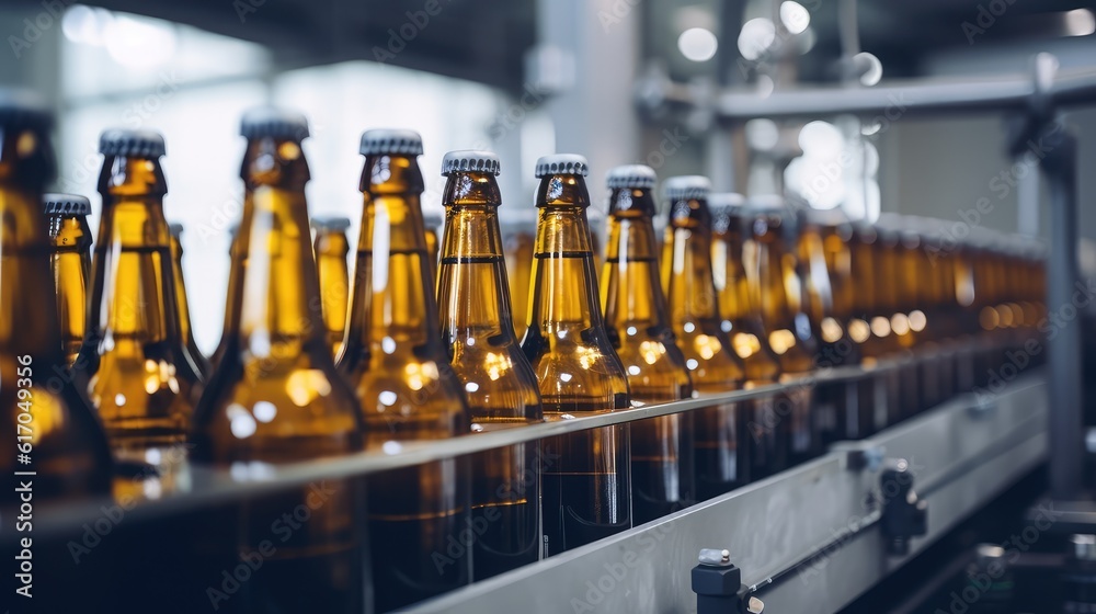 Beer bottles on production line with big machine at Beverage factory interior, machine working bottles production line, Generative AI Beer bottles on production line with big machine at Beverage factory interior, machine working bottles production line, Generative AI