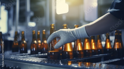  hands with gloves holding beer bottle to check beer bottles on production line with big machine at modern Beverage factory interior, machine working bottles production line, Generative AI