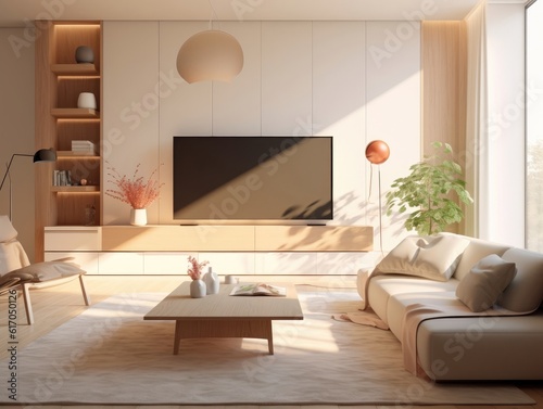 Living room with a TV on the cabinet, a sofa, and expansive windows, sunlight shines through a window. Generative AI