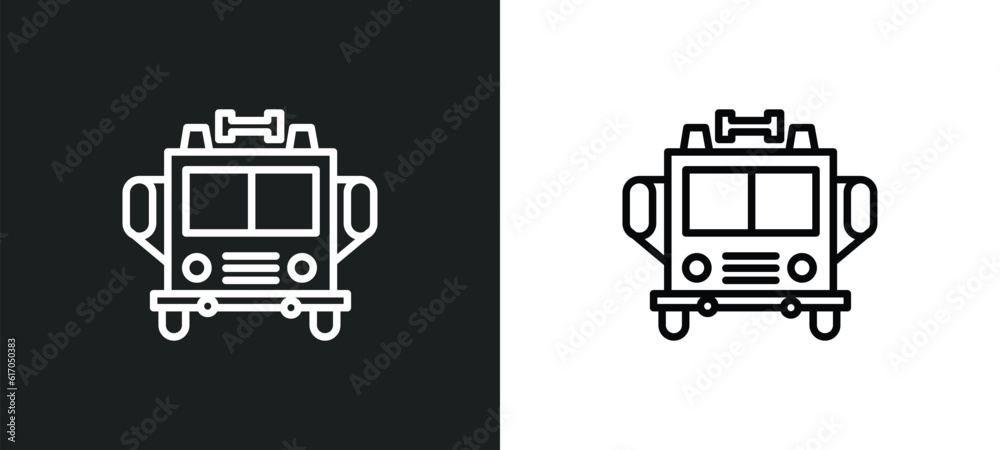 fire truck line icon in white and black colors. fire truck flat vector ...