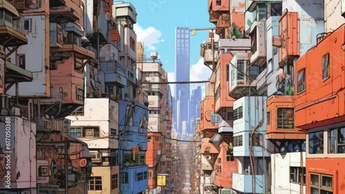 cyberpunk slum city day light suitable for anime footage