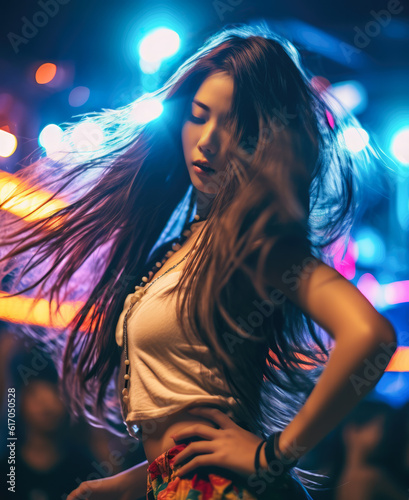 Close up of a young Korean woman dancing at a concert. Generative AI.