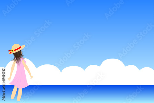 A back view of a woman gazing at the sea with summer clouds spreading beyond the horizon.