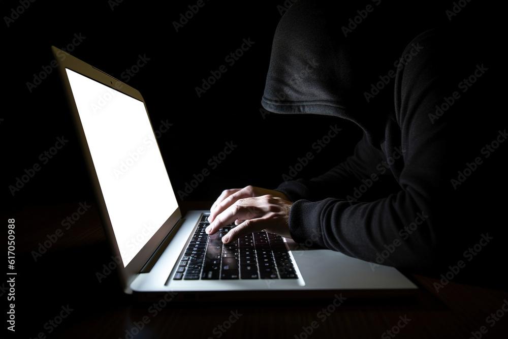 Hacker using laptop computer with white screen on dark background, cyber security concept. Generative AI