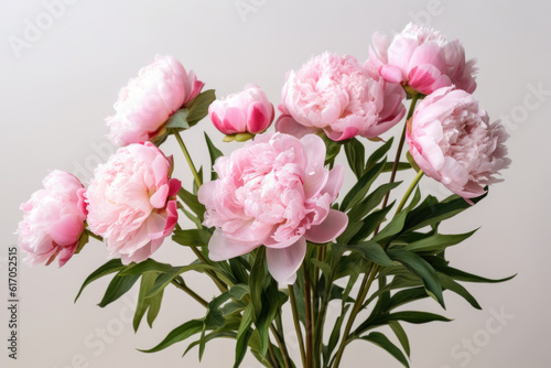 Pink peonies, beautiful bouquet on grey background, Generative AI © Lana_M