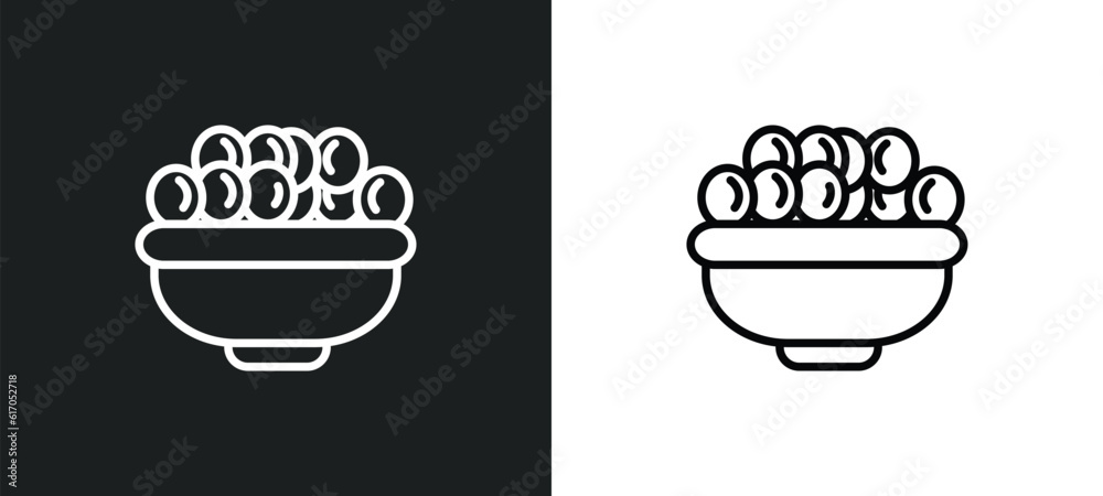 bowl of olives line icon in white and black colors. bowl of olives flat vector icon from bowl of olives collection for web, mobile apps and ui.