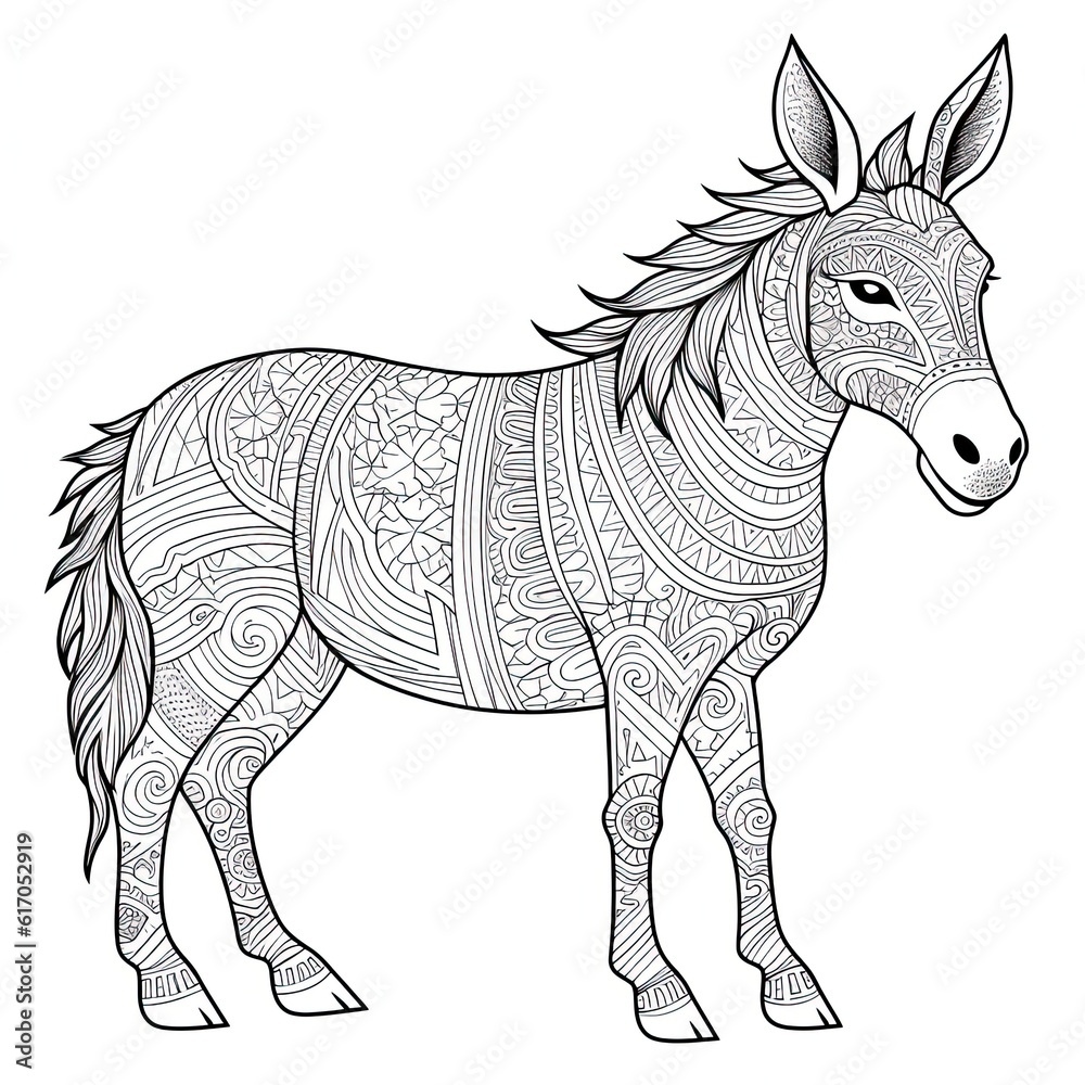 Donkey animal line art illustration. Black and white coloring page style art. Generative AI Donkey animal line art illustration. Black and white coloring page style art. Generative AI
