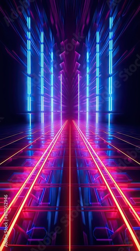 A neon-infused stage featuring a matrix of glowing hexagons, creating an intricate and mesmerizing pattern of light. Abstract futuristic neon light background. Generative AI © tanyastock