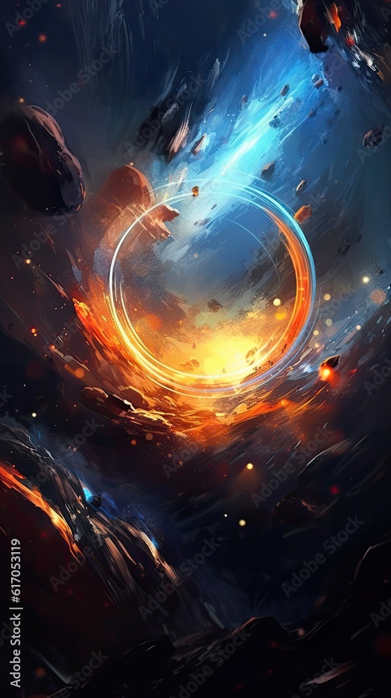 A futuristic abstract space scene with interstellar nebulas and celestial bodies, evoking a sense of cosmic exploration and wonder. Colorful illustration art. Generative AI A futuristic abstract space scene with interstellar nebulas and celestial bodies, evoking a sense of cosmic exploration and wonder. Colorful illustration art. Generative AI