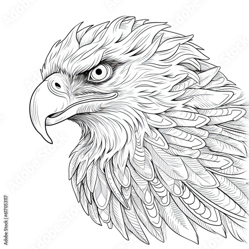 Bald eagle animal line art illustration. Black and white coloring page style art. Generative AI