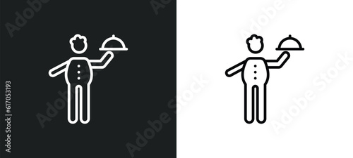 waiter with food tray line icon in white and black colors. waiter with food tray flat vector icon from waiter with food tray collection for web, mobile apps and ui.