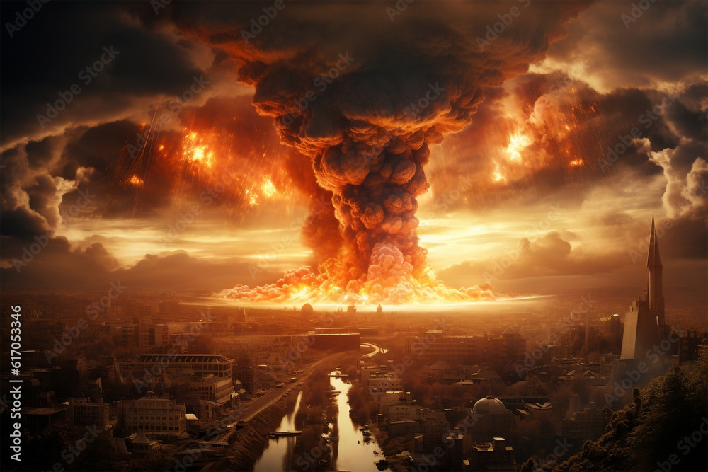 Concept of detonation of nuclear bomb in the city, with mushroom cloud rising above the horizon