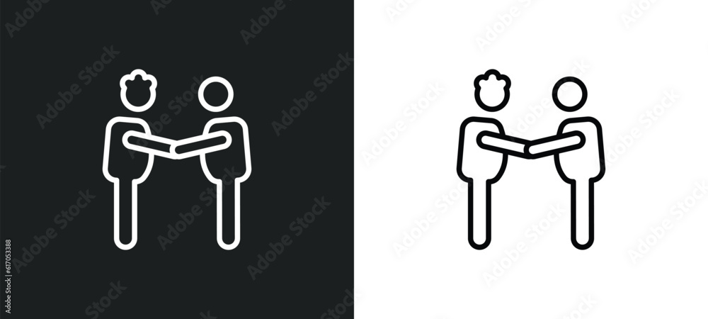 two men meeting line icon in white and black colors. two men meeting flat vector icon from two men meeting collection for web, mobile apps and ui. two men meeting line icon in white and black colors. two men meeting flat vector icon from two men meeting collection for web, mobile apps and ui.