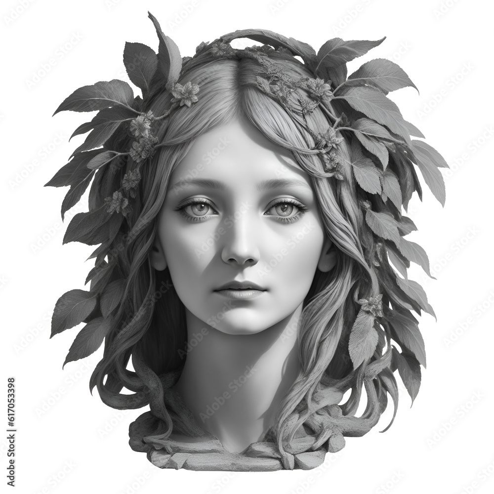 Face statue of Daphne in Greek mythology on transparent background