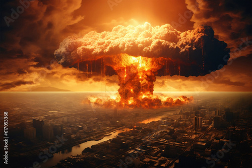 Concept of detonation of nuclear bomb in the city, with mushroom cloud rising above the horizon