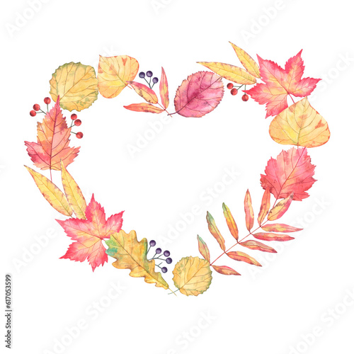 Autumn heart-shaped wreath of leaves and berries. Bright watercolor leaves of different trees drawn by hand. Natural frame for postcards  decoration for autumn holidays.