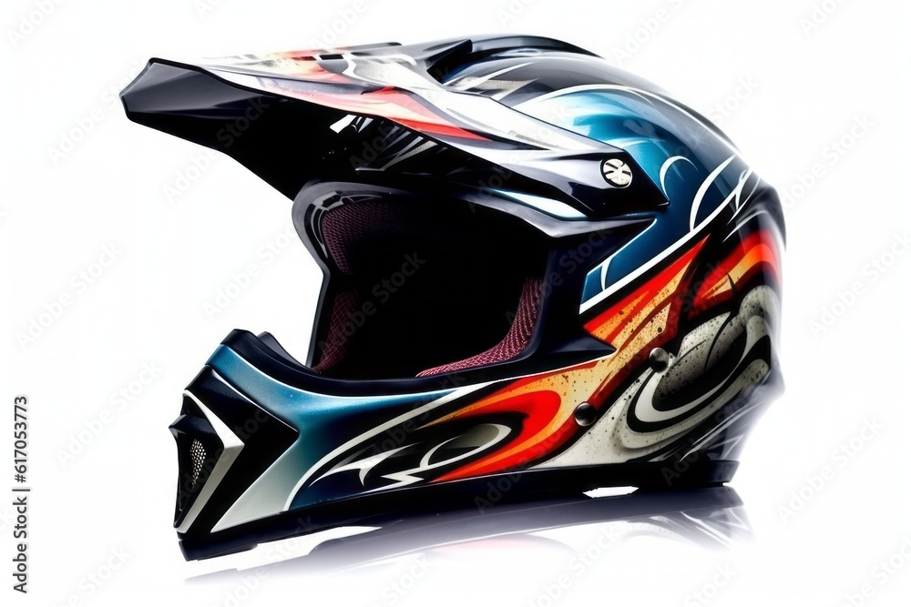 An eye-catching image displaying a one motorbike helmet on a white backdrop, appealing to individuals involved in various extreme sports and outdoor activities. Generative AI An eye-catching image displaying a one motorbike helmet on a white backdrop, appealing to individuals involved in various extreme sports and outdoor activities. Generative AI