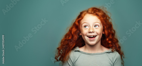 Smiling small ginger red curly hair girl with freckles. She seems cute and innocent, but is probably little rascal. Looks to left side empty copy space. Generative AI