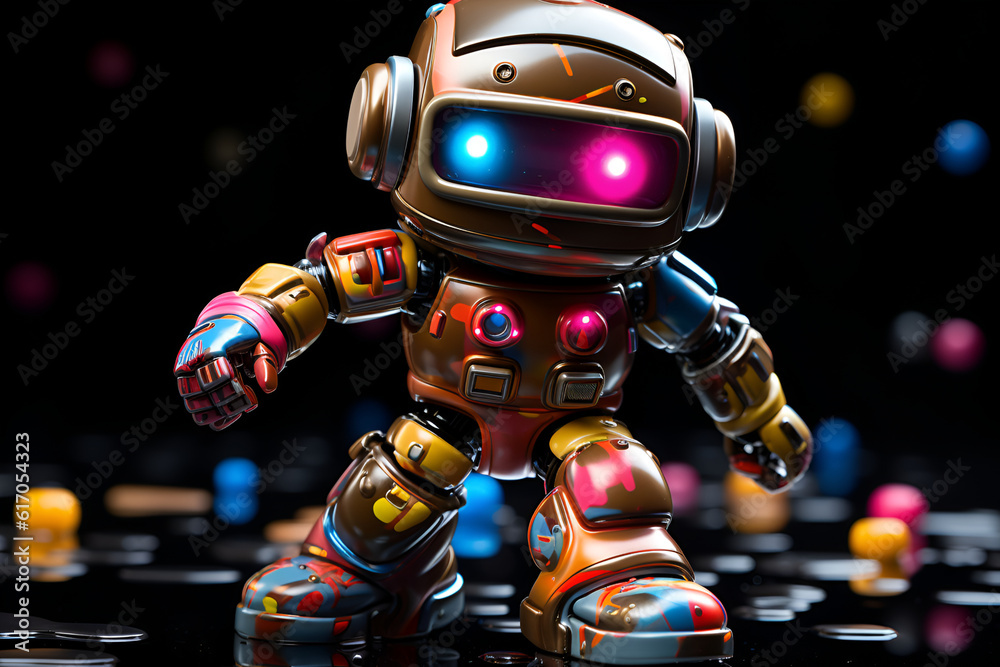 neon baby robot dancing, lights in the background, disco. Bright postcard. AI generated