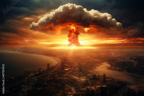 Concept of detonation of nuclear bomb in the city, with mushroom cloud rising above the horizon