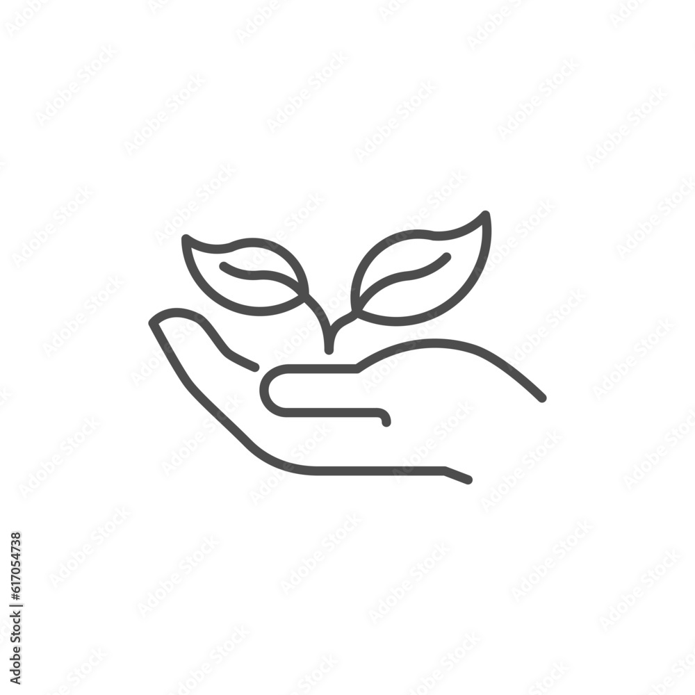 Plant in hand related vector linear icon. Greening line icon. Environment protection. Open hand with sprout. Agriculture symbol. Outline illustration Isolated on white background. Editable stroke