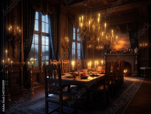 A modern dining room for vintage dining rooms and dining sets, in the style of dark and candlelight. Generative AI