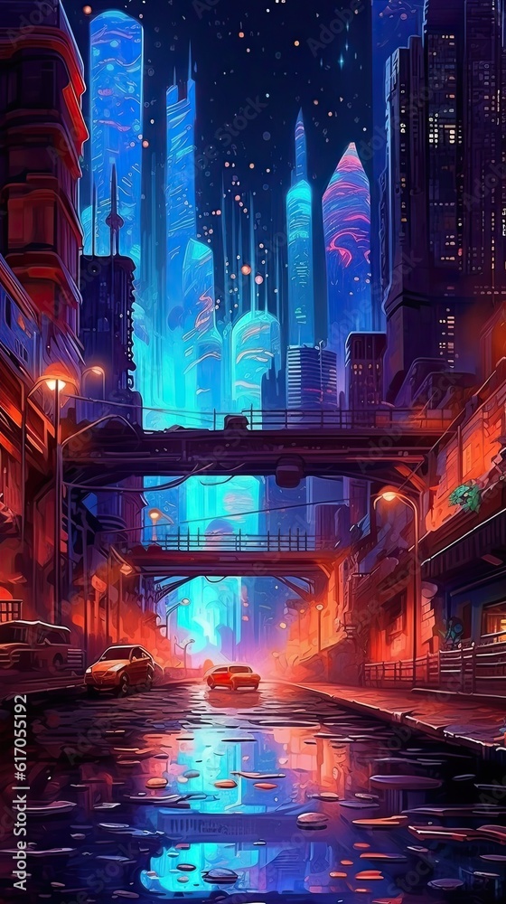 A futuristic abstract cityscape at night, with neon lights and a futuristic skyline, evoking a sense of nocturnal excitement and innovation. Colorful illustration art. Generative AI
