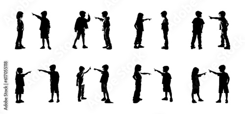 silhouette of two children quarreling, debating, pointing at each other, shouting, angry