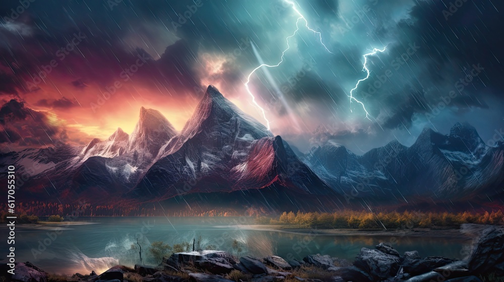 A dramatic stormy sky with lightning bolts illuminating a rugged mountain range. Colorful illustration art. Generative AI