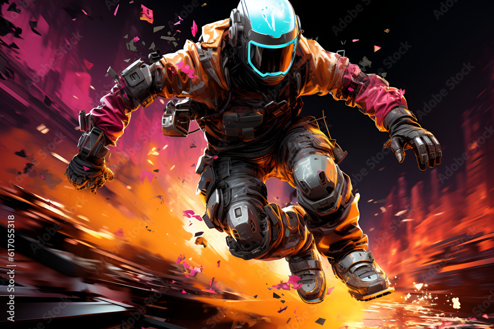 Fototapeta premium A teenager in a space helmet is dancing in a cyberpunk city in neon light effects. Generated AI