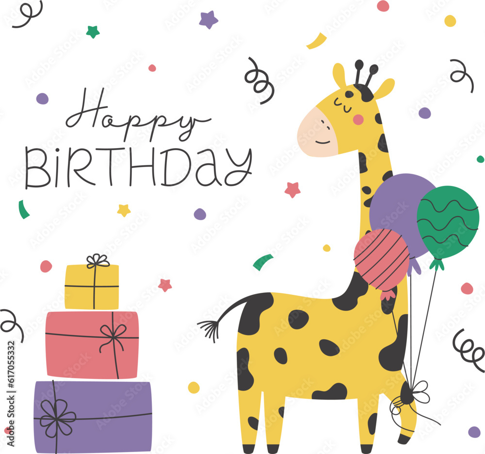 Fototapeta premium Happy Birthday greeting card. Cute vector design with a giraffe, balloons and gifts