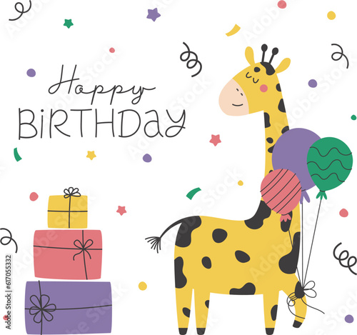 Happy Birthday greeting card. Cute vector design with a giraffe, balloons and gifts