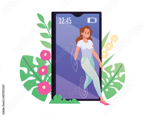Woman retreating from social media walking out of the mobile phone huge screen and stepping into nature, Digital detox concept vector illustration