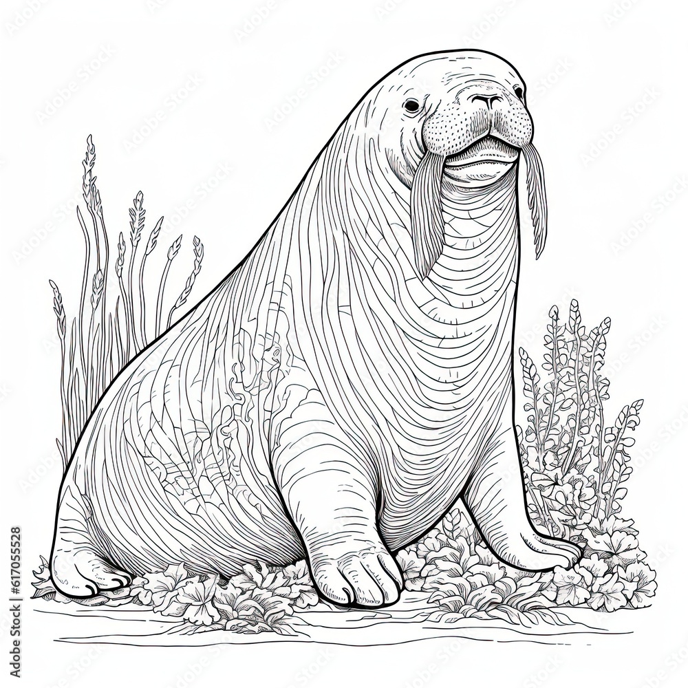 Walrus animal line art illustration. Black and white coloring page style  art. Generative AI Stock Illustration | Adobe Stock