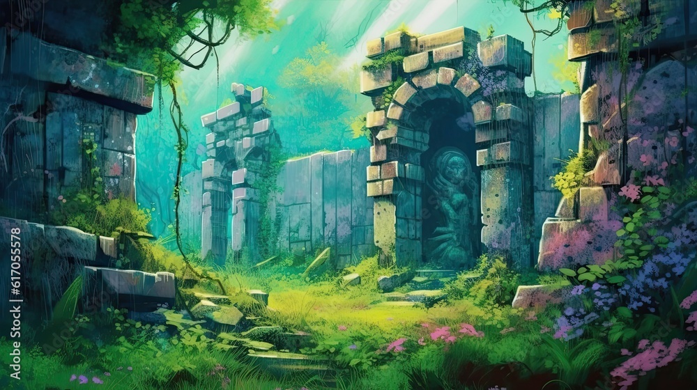 An ancient ruins site with moss-covered stones and overgrown vegetation. Colorful illustration art. Generative AI
