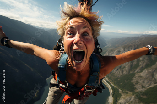 Young and fit woman screaming for fun while bungee jumping.