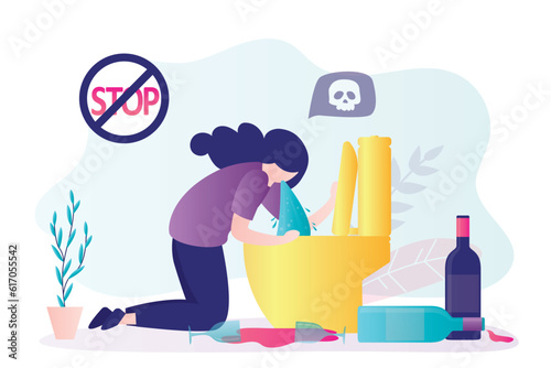 Sick woman vomits in toilet. Alcohol poisoning concept. Unhappy girl after night party with hangover near toilet bowl feels nauseous in bathroom. Nausea throwing up from food poisoning,