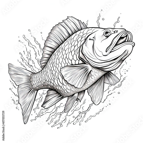 Zander fish animal line art illustration. Black and white coloring page style art. Generative AI