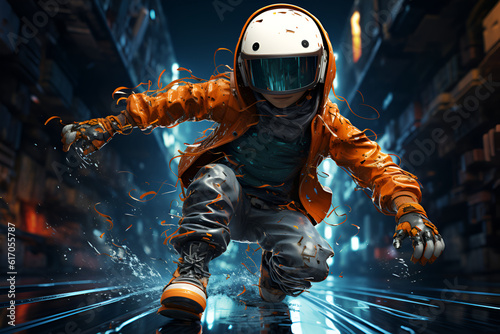 A teenager in a space helmet is dancing in a cyberpunk city in neon light effects. Generated AI
