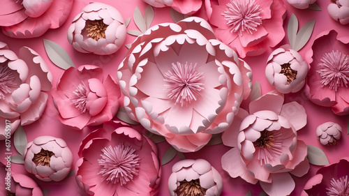 Fototapeta Naklejka Na Ścianę i Meble -  wall with a backdrop of pink paper peonies handmade craft creative abstraction