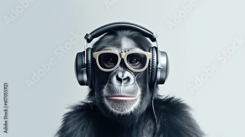 bonobo ape in headphones on white background, Generative AI photo
