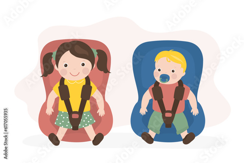 Cute little kids sitting in car seats, safety car transportation of small children. Baby on board. Child safe and comfortable drive in car. Family travel. Calm babies on backseat.