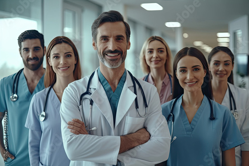 Illustration Portrait of a group of smiling doctors standing in a hospital corridor. ai generative