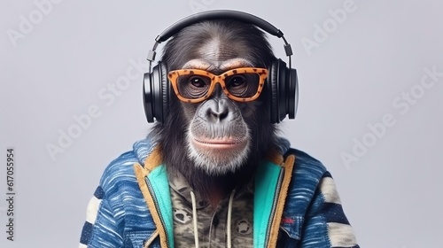 chimpanzee ape in headphones on white background, Generative AI