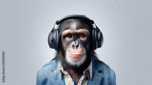 chimpanzee ape in headphones on white background, Generative AI photo