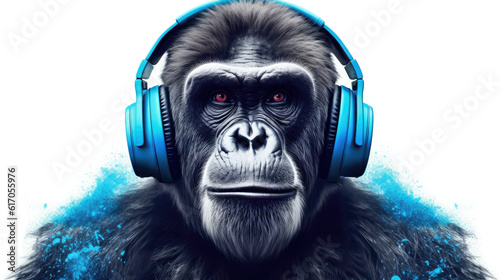 gorilla ape in headphones on white background, Generative AI